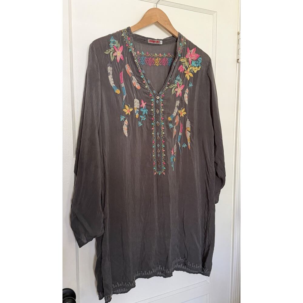 Johnny Was Tunic‎ Shirt Dress Grey Feather Embroidered Pastel Boho Sz XL
